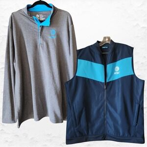 2-PC AT&T Employee Top Men's XXL 2XL Blue Full Zip Fleece Vest Jacket Pockets